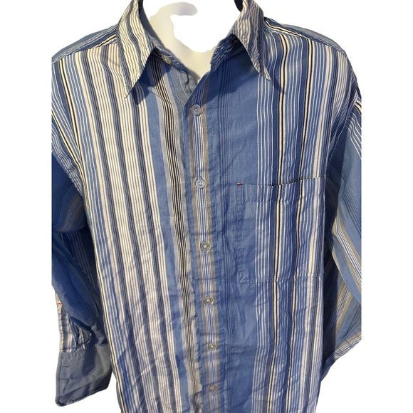 Mecca blue and brown vertical stripped button up CUFF LINK shirt size M - Picture 8 of 8